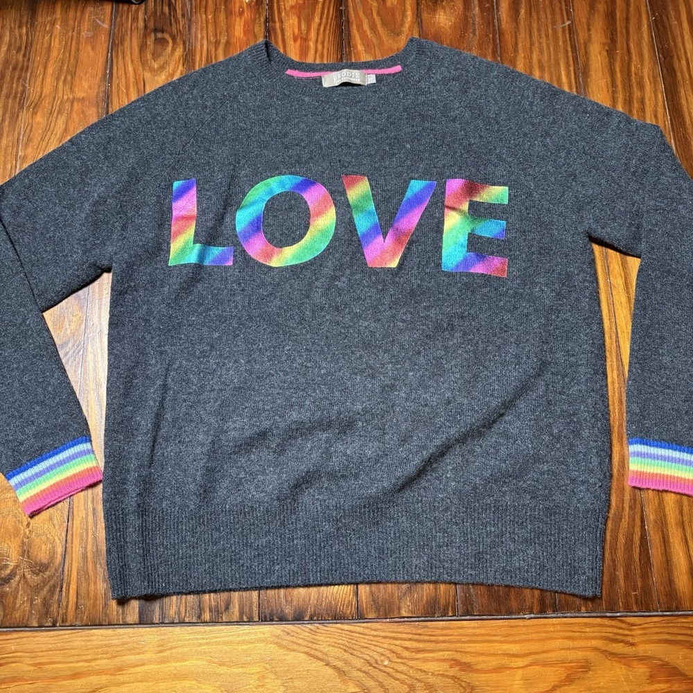 Brodie Fine Cashmere Love Foil Rainbow Graphic Pullover Sweater Sz S A1992
